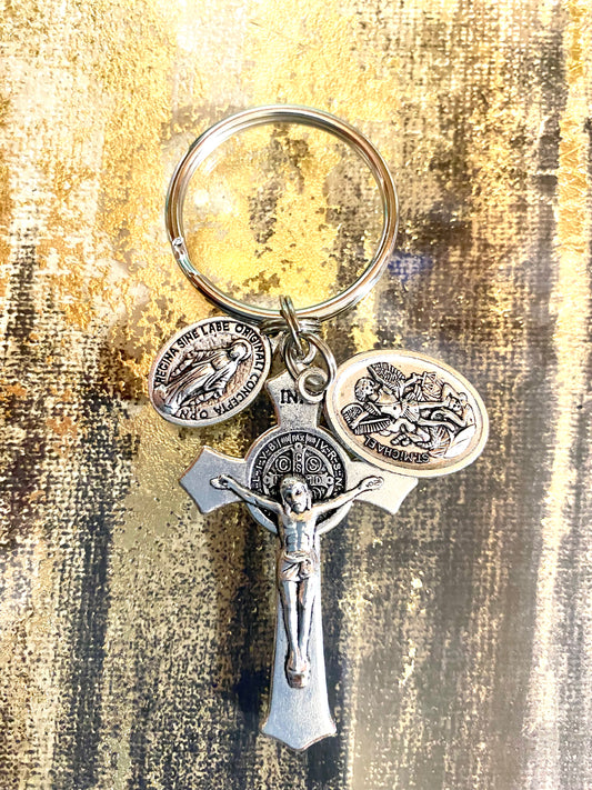 Crucifix Key Chain with Saint Michael Miraculous Medal